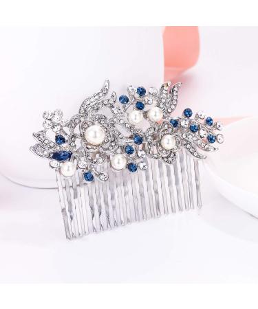 EVER FAITH Wedding Hair Comb Rhinestone Pearl Bride Hair Accessories Flower Vine Hair Piece for Bridesmaids Blue Silver-Tone