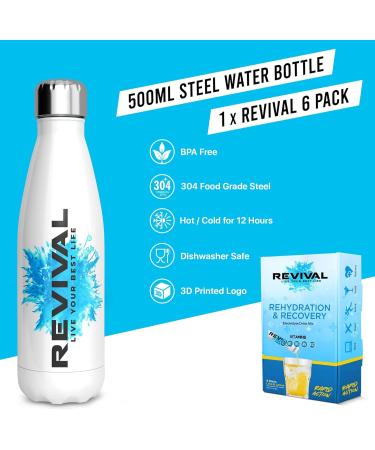 Revival Rapid Rehydration Start Pack - 500ml Steel Water Bottle & 6 Packs Lemon Electrolyte Powder - International Shipping Available - Buy Online on GoSupps.com