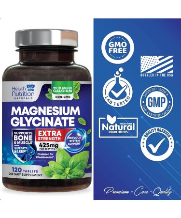 Extra Strength Magnesium Glycinate 425mg with Calcium - 120 Tablets | Bone, Heart & Muscle Health Support | Non-GMO Vegan Gluten Free - Buy Online on GoSupps.com