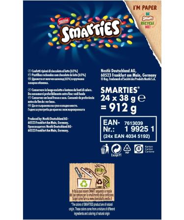  Smarties Nestl Smarties Confetti Filled with Milk Chocolate - 24 Tubes of 38 g - Buy Online on GoSupps.com