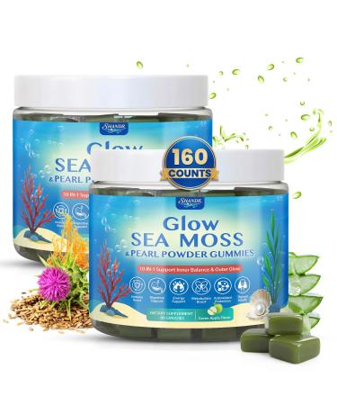2 Pack Sea Moss Glow Gummies Hair Loss Skin & Nails with Irish Seamoss Pearl Powder Vitamin C E Milk Thistle Taurine Aloe Vera FOS Superfood for Immune Intestinal Thyroid Detox Adults& Kids 160 Count 80 Count (Pack of 2)