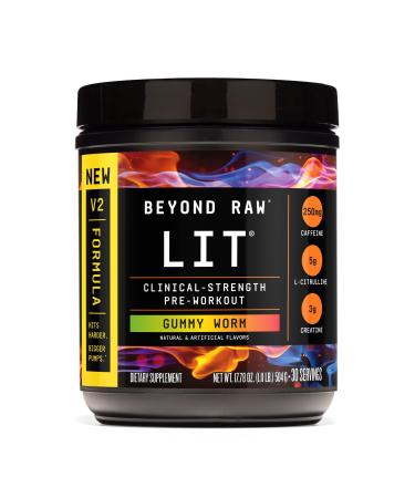 BEYOND RAW LIT V2 Clinical Strength Pre Workout Powder Hits Harder Bigger Pumps Caffeine L-Citrulline Creatine Gummy Worm 30 Servings Gummy Worm 30 Servings - V2