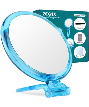 5Inch,20X Magnifying Mirror, Two Sided Mirror, 20X/1X Magnification, Folding Makeup Mirror with Handheld/Stand,Use for Makeup Application, Tweezing, and Blackhead/Blemish Removal. (Blue)