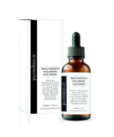Triple Strength Hyaluronic Acid Serum 6% Strength Double Weight Easy Absorb Hyaluronic Acid with added Vitamins C & E Resveratrol and CoQ10 30ml / 1 fl oz 1 Fl Oz (Pack of 1)