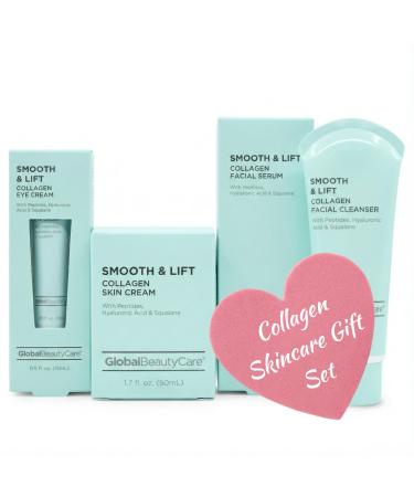 Global Beauty Care Smooth & Lift Collagen Skin Care Set - Hydrating & Firming Facial Cleanser Serum Eye Cream & Face Cream with Peptides & Hyaluronic Acid Complete Face Care Routine 4-Piece Set Smooth & Lift 4-Piece Ski