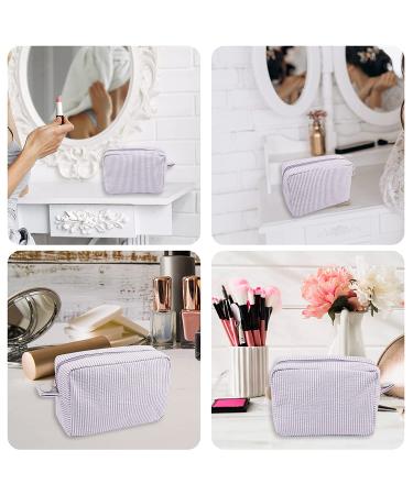 Seersucker Cosmetic Bag - Large Makeup Pouch Travel Toiletry Case | Purple Organizer for Women & Girls - Buy Online on GoSupps.com