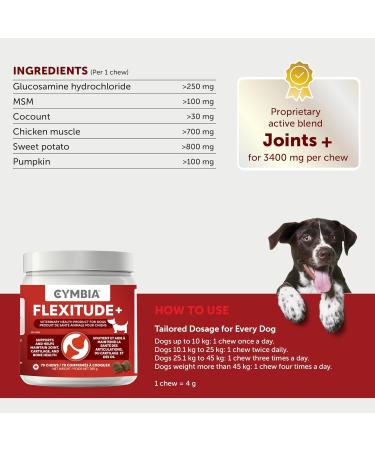 Cymbia FLEXITUDE+ Dog Hip and Joint Supplement Glucosamine for Dogs with MSM & Superfoods All-Natural Dog Supplement for Joint Pain Relief & Strengthen Bones Approx. 70 Days Supply Chicken Flavour - Buy Online on GoSupps.com