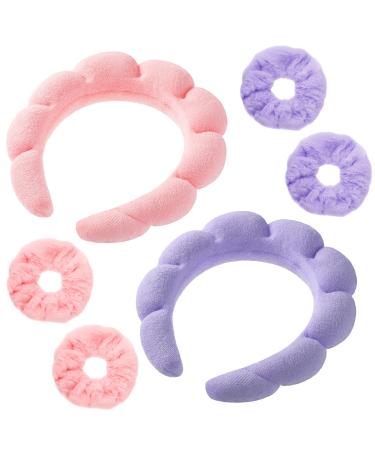 Retrowavy 6 Pcs Spa Headband for Women Puffy Sponge Terry Cloth Makeup Headband Skincare Headbands for Washing Face Removal Mask Makeup Hair Accessories (Pink  Purple)