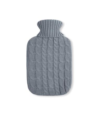 Premium natural rubber hot water bottle 1.8 liters with fine knitted cover with cable pattern in gray