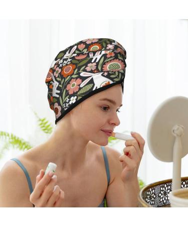 Hair Towel Wrap - Quick Drying Towel Turban with Button - Rabbits on Floral Design - Buy Online on GoSupps.com