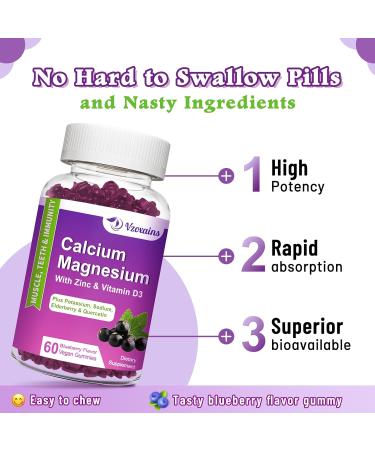 High Absorption Calcium Gummies Calcium Magnesium Zinc with Magnesium Glycinate Potassium Vitamin D3 for Women & Men- Blueberry Flavor 120 Cts Blueberry 60 Count (Pack of 2) - Buy Online on GoSupps.com