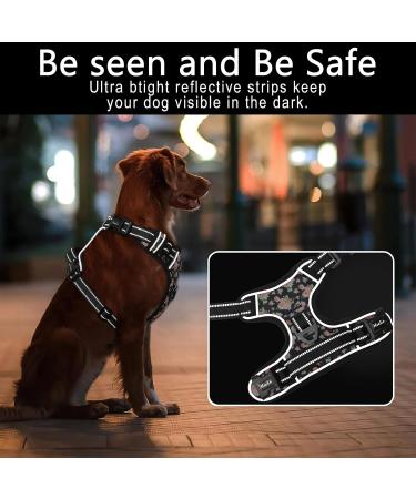 Heele Dog Crockery & Adjustable Reflective Anti-Pull Harness for Medium Dogs - Softly Breathable Padded Handle Floral-Black Design | XS Size (33-43cm) - Buy Online on GoSupps.com