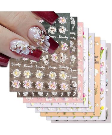 Flower Nail Art Stickers 8 Sheets 5D Flower Hollow Exquisite Color Flowers Pattern Self-Adhesive Nail Decals Acrylic Embossed Luxurious Spring Summer Nail Stickers Elegant DIY Acrylic Nail Art Design Nails for Women Girl...