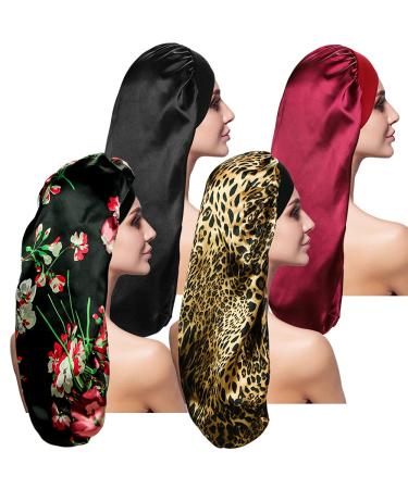 4 Pieces Satin Sleep Cap for Long Hair and Dreadlock, Extra Large 2 PCS Solid Color and 2 PCS Floral Pattern Sleeping Bonnet for Women