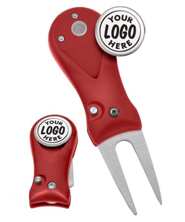 Clip Wipes Golf Divot Tool Custom Logo | Switchblade Style | (5) 1" Logo Ball Marker | Personalized Red