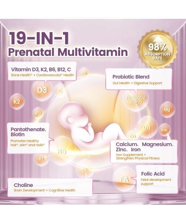 19-in-1 Prenatal Multivitamin 100 Day Supply Prenatal Vitamins Lemon Flavor Before During & Post Pregnancy with Folic Acid Probiotic Biotin Zinc Vitamin D3 K2 B6 B12 C & More 300 Softgels - Buy Online on GoSupps.com