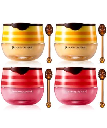 Qifylmaf Honey & Strawberry Lip Balm Lip Mask Hydrate Repair Prevent Dry Cracked Lip Effective Reduces Lip Lines Vitamin E Moisturizing Propolis Sleeping Lip Care (2Pcs Honey & 2Pcs Strawberry)