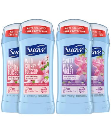 Suave Deodorant Antiperspirant for Women Variety Pack Sweet Pea & Violet + Wild Cherry Blossom 48H Protection Anti-Staining 2.6 Oz Ea (4 Piece Set)