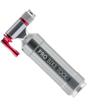 PRO BIKE TOOL CO2 Inflator for Bike Tires with Cartridge Storage Canister - Quick, Easy and Safe for Presta & Schrader, Bicycle Tire Pump for Road & Mountain Bikes (MTB), No CO2 Cartridges Included Titanium / Red