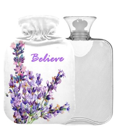Naanle hot hot water bottle with cover Believe lavender flower transparent hot water bottle heat bottle for back pain relief hand feet warmer neck hot and cold therapy 1l