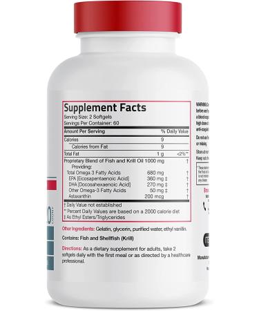 Bronson Omega-3 Fish + Krill Oil 1000 MG EPA DHA Astaxanthin Premium Blend - 120 Softgels - Buy Online on GoSupps.com