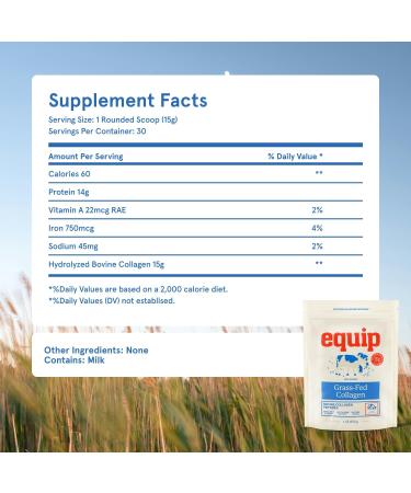 Equip Foods Grass Fed Collagen Powder | Hydrolyzed Bovine Collagen Peptides with Amino Acids | Prime Beef Collagen for Healthy Joints Skin & Nails | Non-GMO Paleo Friendly | 30 Servings Unflavored - Buy Online on GoSupps.com
