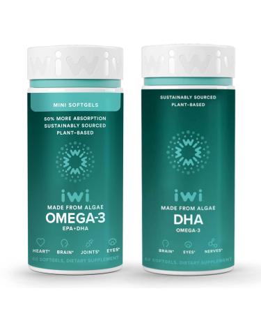 Iwi Omega-3 Minis & DHA Omega-3 Bundle 30 Servings Vegan Plant-Based Algae Omega 3 Krill & Fish Oil Alternative No Fishy Aftertaste