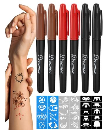 6-PCS Temporary Tattoo Markers for Skin Washable Markers-Removable Tattoo Markers Multi-coloured Skin Safe Tattoo Kit for Teens  Kids  Adults Tattoo Pens for Body & Face Art with 3 Tattoo Stencil Papers
