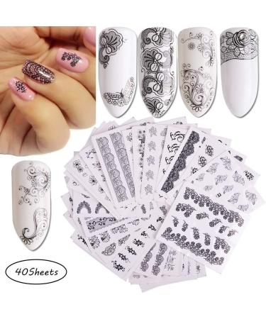 40 Sheets Nail Art Stickers Water Transfer Nail Decals Black Lace Flower Series Design Manicure Tips Nail Tips DIY Toenails Nail Art Decorations Accessories - Buy Online on GoSupps.com