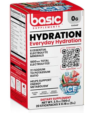 Basic Hydration Electrolyte Drink Mix 1800mg Total Electrolytes 6 Essential Minerals 2:1 Sodium Potassium Ratio 0 Sugar Vegan & Gluten Free 20 StickPacks Watermelon Ice 20 StickPacks - Buy Online on GoSupps.com