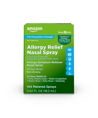 Amazon Basic Care 24-Hour Allergy Relief Nasal Spray  Fluticasone Propionate (Glucocorticoid)  50 mcg  Full Prescription Strength  Non-Drowsy  0.62 Fl Oz