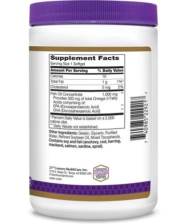 21st Century Fish Oil 1000 mg - 300 Softgels for Heart & Joint Health - Buy Online on GoSupps.com