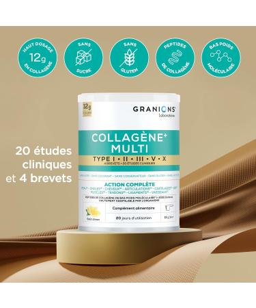 GRANIONS - COLLAGEN MULTI - Marine Collagen Powder - Action 10 in 1-5 Types of Collagen - Marine Collagen + Vitamin C - 20 Clinical Studies - Lemon Flavor Collagen - Collagen Powder 260g - Buy Online on GoSupps.com