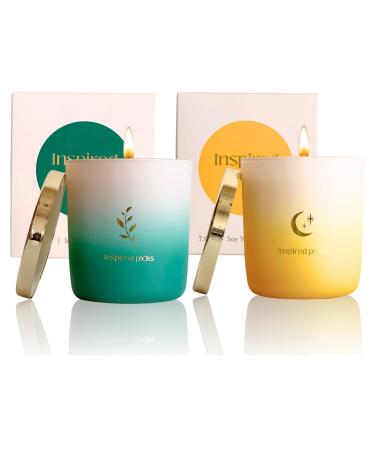 Uplift Spirits 2 Candle Gift Set Green Gold Leaf Wood Sage & Sea Salt and Yellow Gold Moon Grapefruit & Musk