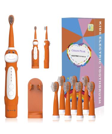CHAIN PEAK Dinosaur Toothbrush  Kids Sonic Electric Toothbrush for Children  Toddlers Boys Girls Age 3-12 with 30s Reminder  2 Mins Timer  5 Modes  8 Brush Heads  Rechargeable  Wall-Mounted Holder 8680 Orange+8 Heads+hol...