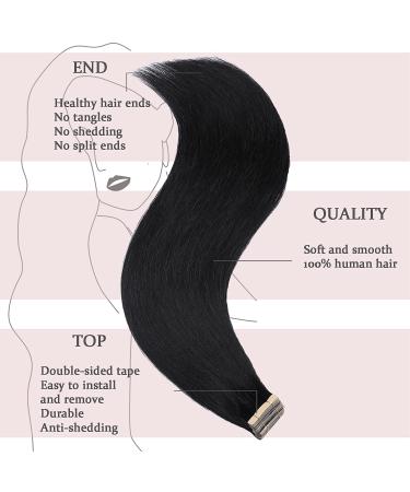 Hotlulana 24-Inch Deep Black Real Hair Tape Extensions - 100% Natural 40pcs Invisible Skin Weft - Buy Online on GoSupps.com