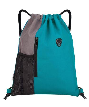 LIVACASA Drawstrings Backpacks Bags for Men Sackpack for Women USB Port Headphone Hole Design Waterproof Light Gray and Blue C Grey + Peacock Blue