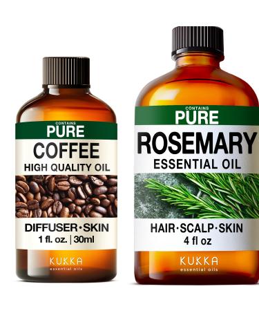 Coffee Essential Oil for Diffuse & Rosemary Essential Oil for Diffuser Set - Aromatherapy Grade Essential Oils Set - 2X 4 Fl Oz - Kukka