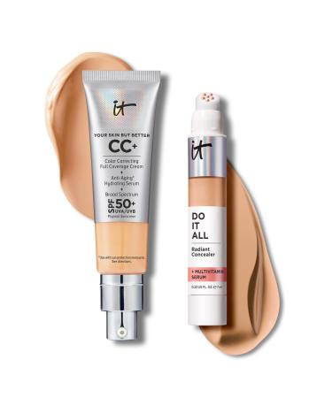 IT Cosmetics CC+ Cream with SPF 50+ Natural Finish Full Coverage Foundation (Neutral Medium - 1.08 fl oz) & Do It All Radiant Concealer Multivitamin Serum Makeup (310 Medium Warm - 0.2 fl oz)