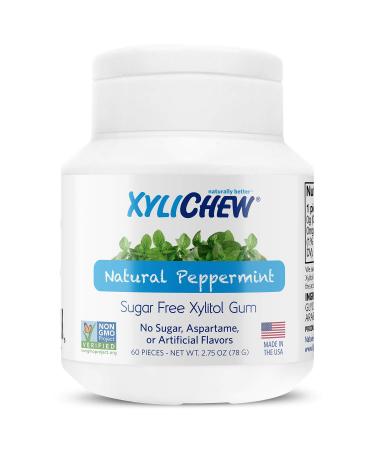 Xylichew 100% Xylitol Chewing Gum - Non GMO, Non Aspartame, Gluten Free, and Sugar Free Gum - Natural Oral Care, Relieves Bad Breath and Dry Mouth - Peppermint, 60 Count Peppermint 60 Count (Pack of 1)
