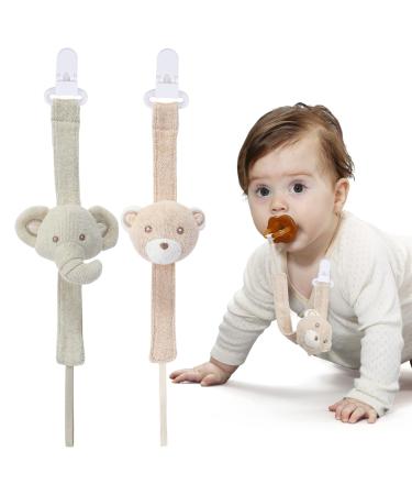 COTTONBEBE Pacifier Clip 2 Pack Baby Pacifier Holder for Boys and Girls Fits Many Pacifiers & Baby Teething Toys Ideal Baby Gift (Elephant & Bear) Elephant&Bear