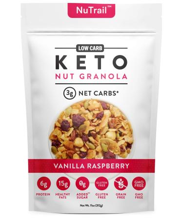 NuTrail™ - Keto Vanilla Raspberry Nut Granola Healthy Breakfast Cereal - Low Carb Snacks & Food - 3g Net Carbs - Gluten Free, Grain Free - Almonds, Pecans, Coconut chips, nuts and more (1 Count)