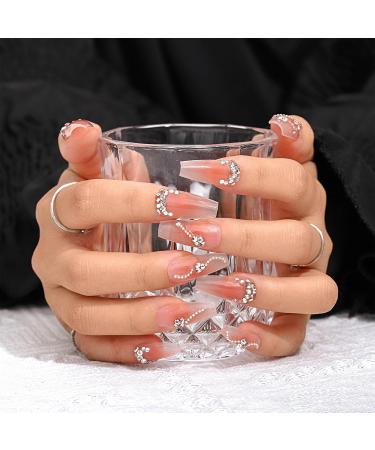 Sethexy Long Coffin False Nails - Handmade 3D Crystal Chain Acrylic Nail Art for Women & Girls - Salon Quality - Buy Online on GoSupps.com