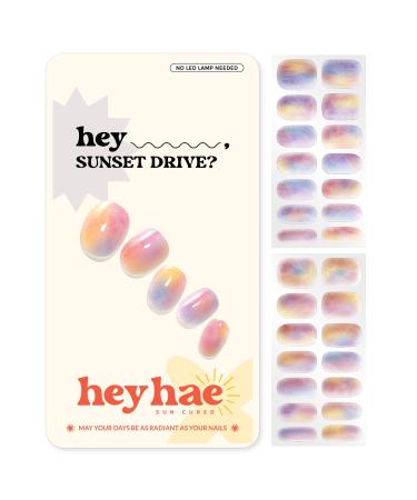 Semi Cured Gel Nail Strips | Sun Cured Gel Nail Wraps No LED Lamp Needed Easy Apply & Remove | Includes 28 Strips 1 Prep Pad 1 Nail File & 1 Wooden Stick - Hey Sunset Drive