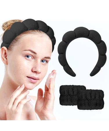 Sponge Spa Headband for Women  Spa Terry Towel Cloth Fabric Head Band with 2PCS Wrist Washband  Soft & Absorbent Material Hair Accessories for Face Washing Shower Skincare Makeup Removal Facial Mask (Black)