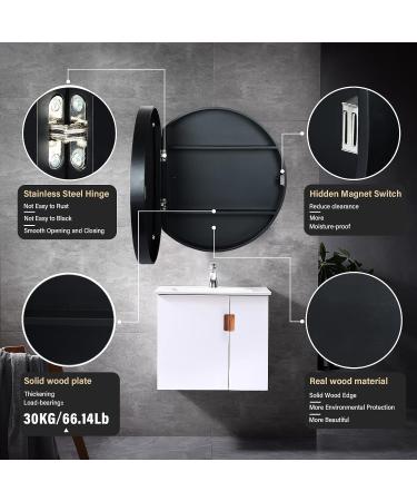 SDK Round Bathroom Mirror Cabinet - Black 50CM: Wall Storage & Medicine Cabinet with Slow-Close Wooden Frame - 3 Level Organization - Buy Online on GoSupps.com