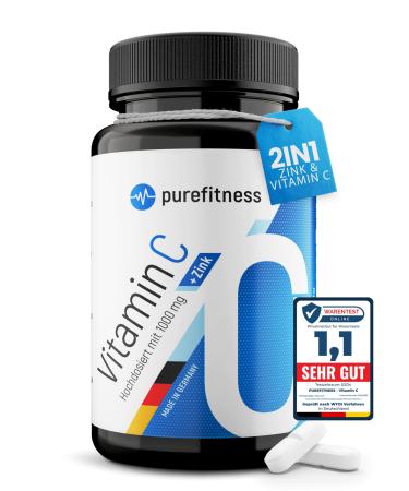 PureFitness vitamin C high dose + zinc - vitamin C 1000mg with 25mg zinc per tablet - 180 tablets - natural vitamin C zinc complex without additives - immune system strengths adults vitamins C