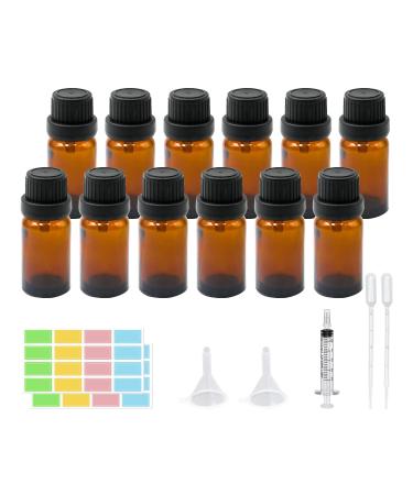 12Pcs 10ml Essential Oils Glass Bottles Amber Refillable Empty Essential Oil Bottle with Black Cap Dark Sample Glass Bottles for Essential oil Diffuser Massage Oils Beauty Oil Mix (Amber 10ml)