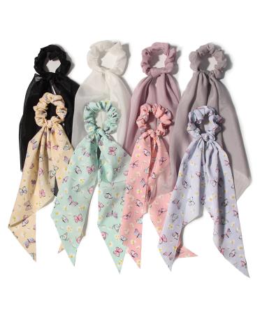 8pcs Hair Scarf Scrunchies Butterfly Hair Scrunchy with Bow Solid Hair Ties for Women Chiffon Scrunchie for Girl Long Hair Bands Ponytail Holder Hair Accessories for Women