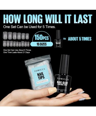 Tomicca Artificial Nails - Short Square Nail Tips for Gel Nails | 150 Pcs Soft Gel Full Cover Set with Glue | Professional Salon Quality - 15 Sizes Available - Buy Online on GoSupps.com